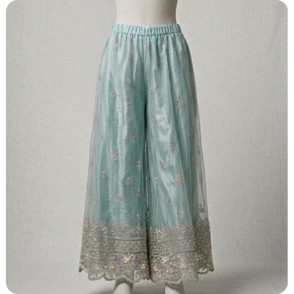 Handmade Heavily Beaded Aqua Boho Ethnic Lace Wide Leg Sz 28 Palazzo Pants